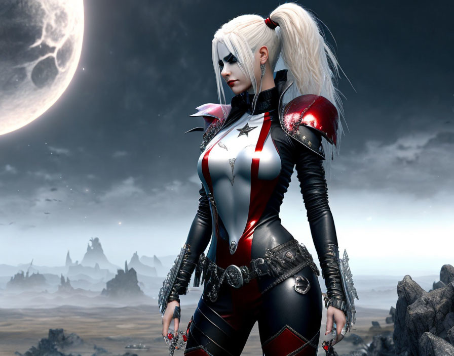 Digital Artwork: Woman with White Hair in Futuristic Costume in Moonlit Landscape