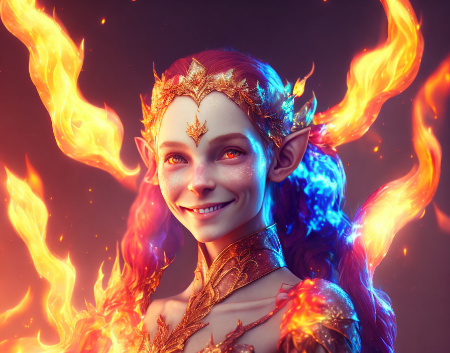 Smiling elf with fiery wings and golden leaf accessories