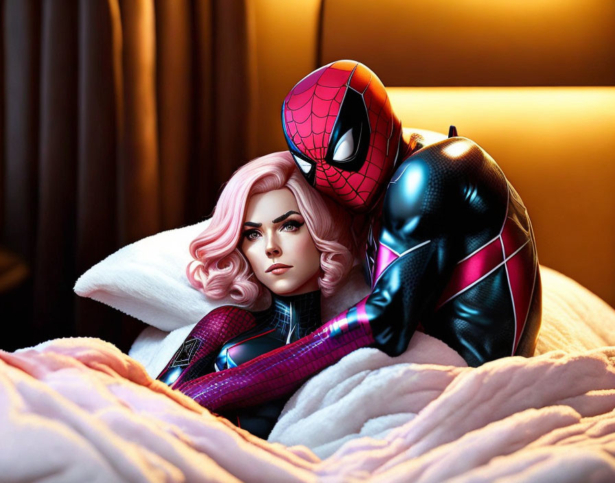 Spider-Man and pink-haired woman in Spider-themed outfits on bed