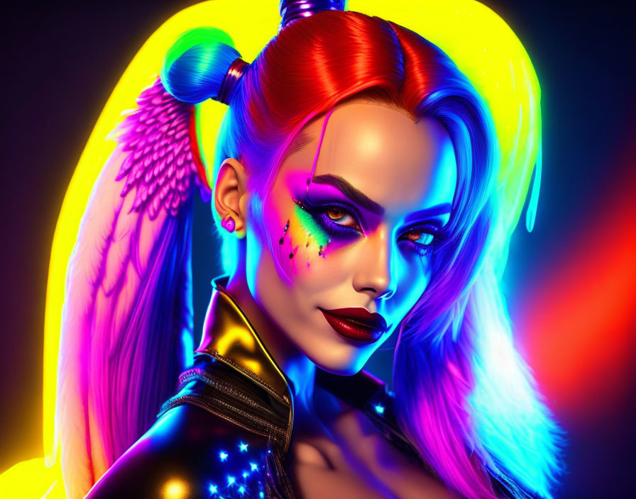 Digital artwork: Woman with red hair, winged makeup, neon lighting, and angel wing.