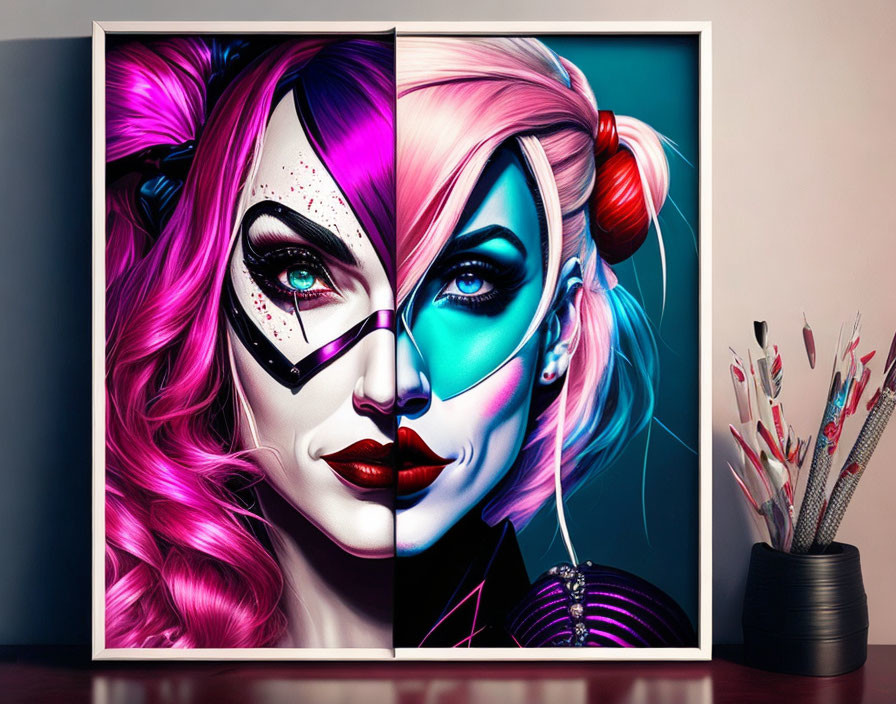 Split face artwork: pink and blue color scheme, dual personalities portrayed with detailed makeup and vibrant hair.