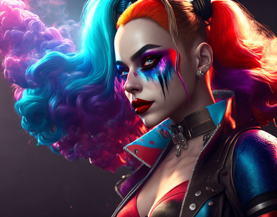 Vibrant digital portrait of woman with red and blue hair and striking makeup on dark background