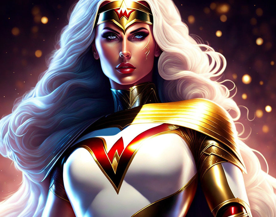 Illustration of superhero with white hair in iconic costume on starry backdrop