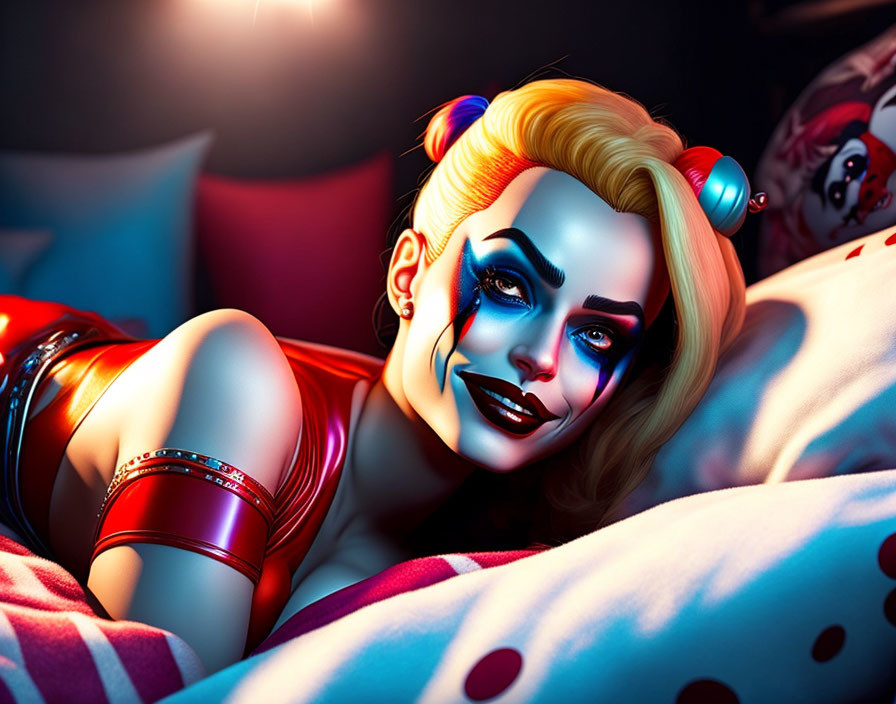 Colorful Illustration of Woman with Dual-Toned Hair on Polka-Dot Bed