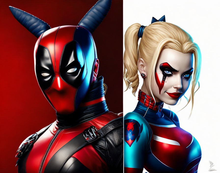 Stylized character portraits in red/black and blue with painted faces