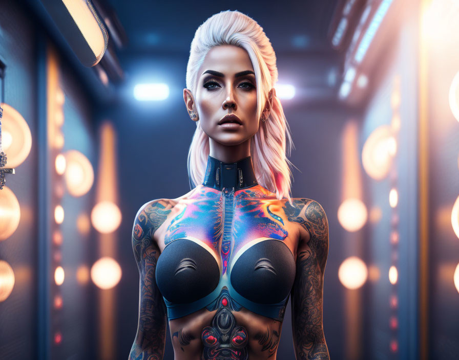 Futuristic female character with platinum blonde hair and cybernetic bodysuit