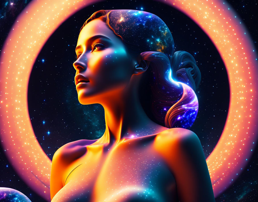 Digital artwork featuring woman with stardust skin and galaxy silhouette in cosmic theme.