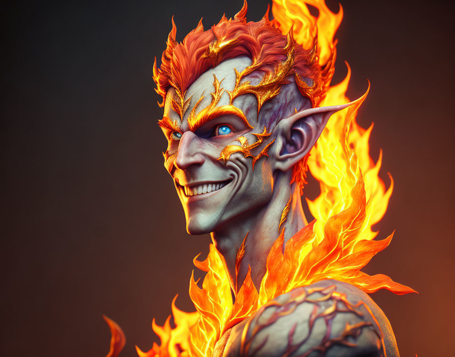 Fantasy character with fiery red hair and flames on dark background