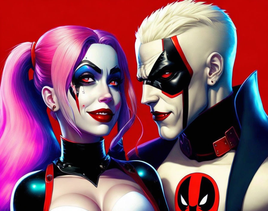 Vibrant hair comic book characters in eye-catching makeup and costumes pose on red background