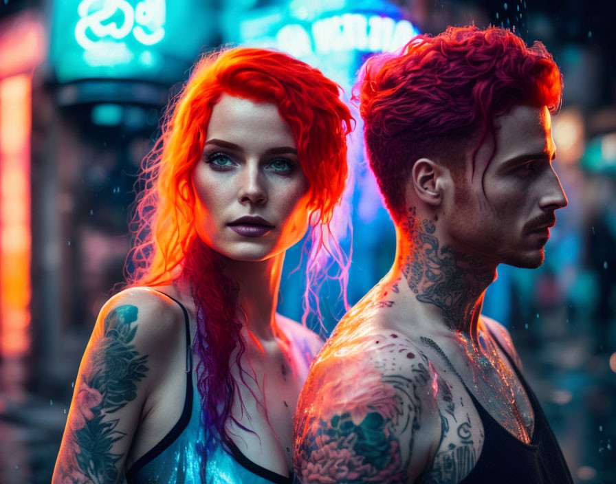 Vibrant red-haired man and woman with tattoos in neon-lit urban night scene