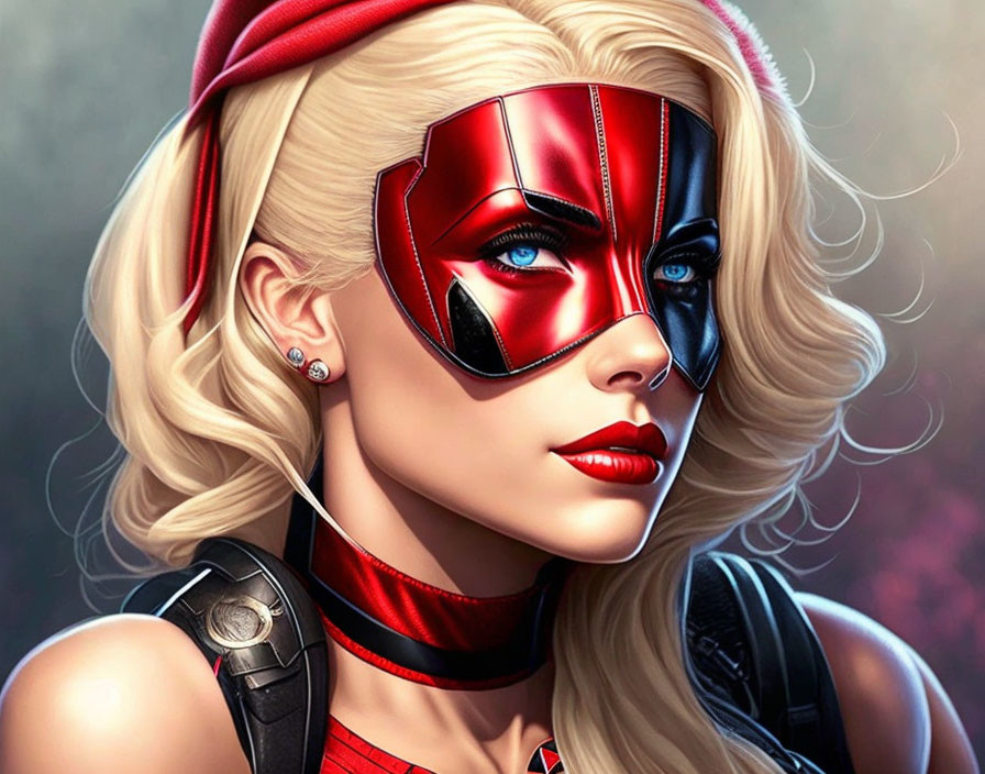 Blonde, Blue-Eyed Woman in Red Superheroine Costume Artwork