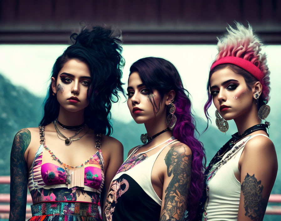 Three women with bold makeup and tattoos in alternative fashion and hairstyles.