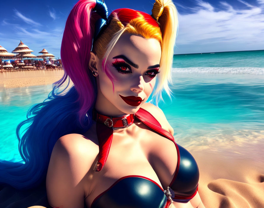 Colorful Woman with Blue and Pink Hair on Tropical Beach