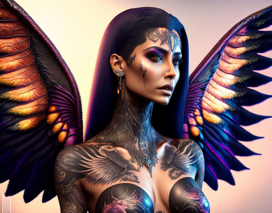 Digital Artwork: Woman with Blue Skin, Tattoos, and Bird-Like Wings