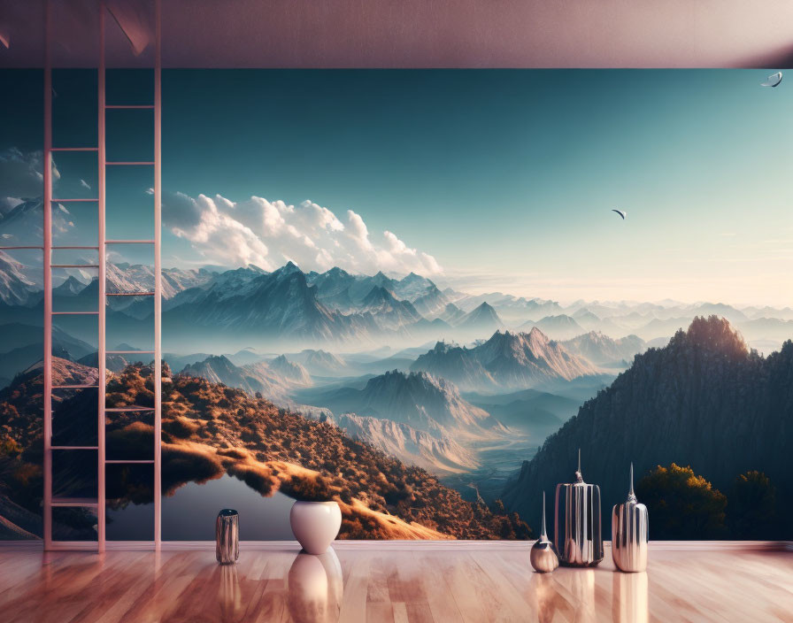 Room with large window, mountain view, ladder, vases, reflective table