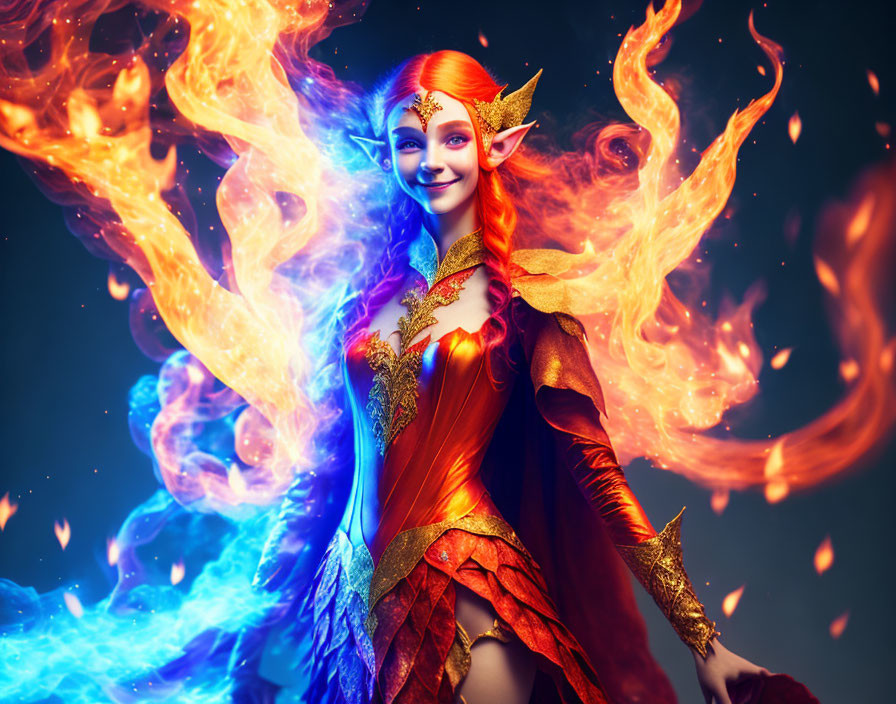 Smiling female elf in red and gold armor with fiery orange hair