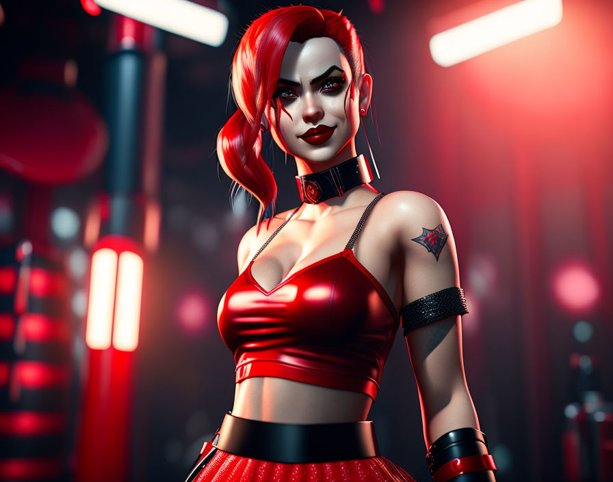 Stylized female character with red hair and outfit in confident pose