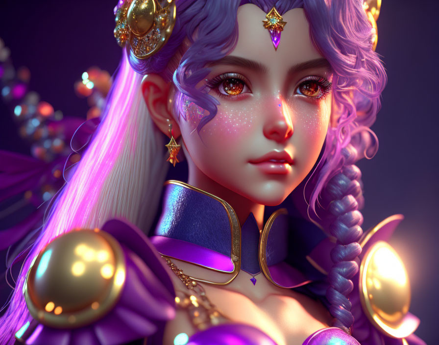 Fantasy female character with purple hair and gold jewelry in 3D art