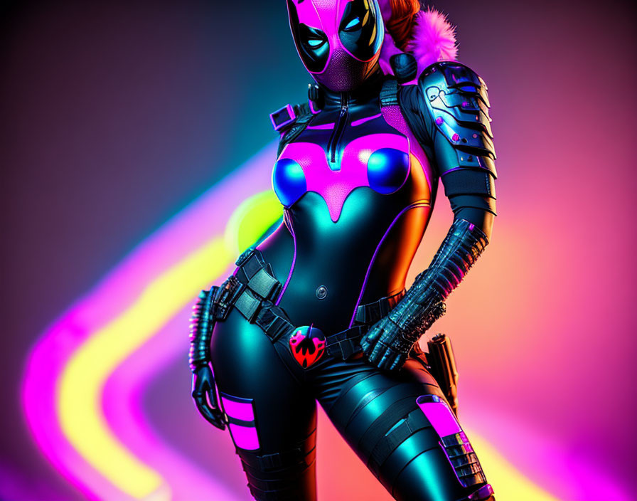 Superhero in Black and Purple Costume on Neon Background