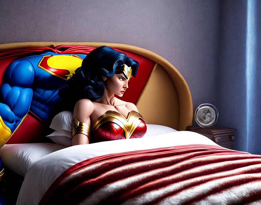 Superheroine resting on bed with suit-patterned blanket by window