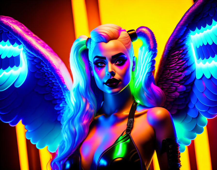 Colorful portrait of a woman with neon lighting and angel wings