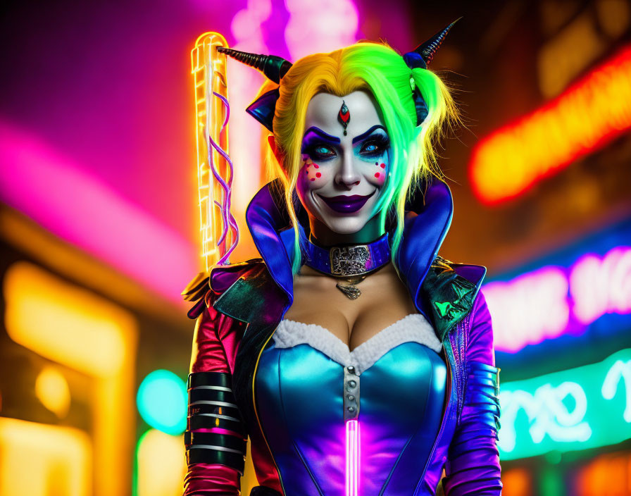 Vibrant Joker-inspired cosplay with horns, green hair, and neon-lit backdrop