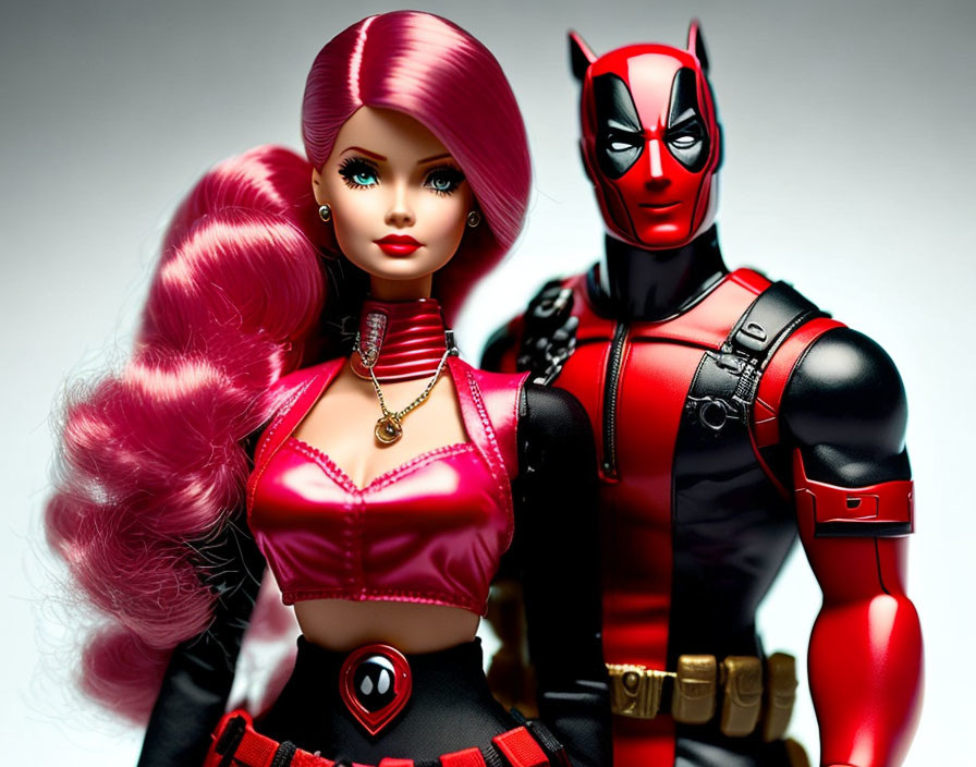 Vibrant pink hair Barbie doll with red outfit next to Deadpool action figure