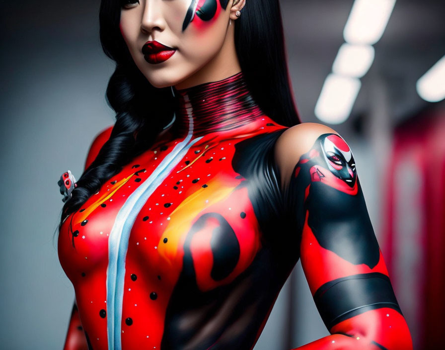 Red and black bodysuit with Deadpool design and makeup on a woman indoors