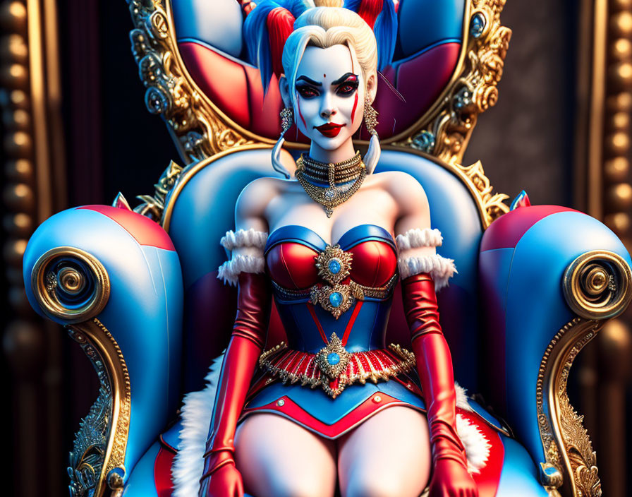 Female clown-themed character with white skin and black heart-shaped details on royal blue and gold chair