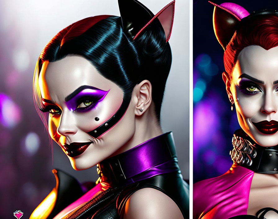 Woman in Cat-Inspired Makeup & Costume with Bold Purple Colors & Cat Ears