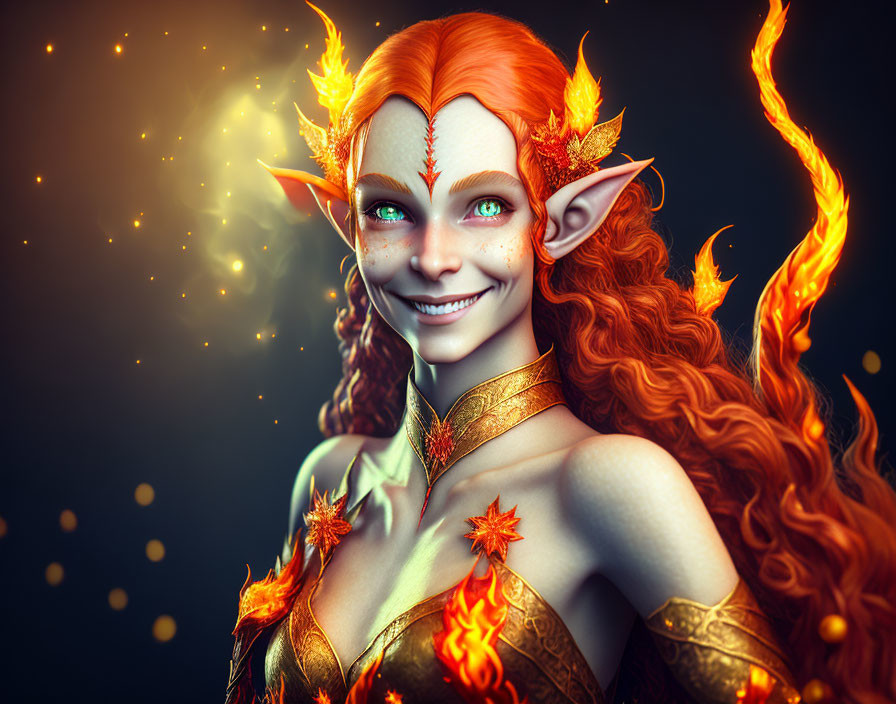 Fantasy image: Elf with fiery red hair, orange eyes, pointed ears, adorned with leaves,