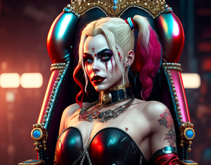 Stylized woman with dual hair colors on throne, adorned with tattoos and gothic jewelry, in