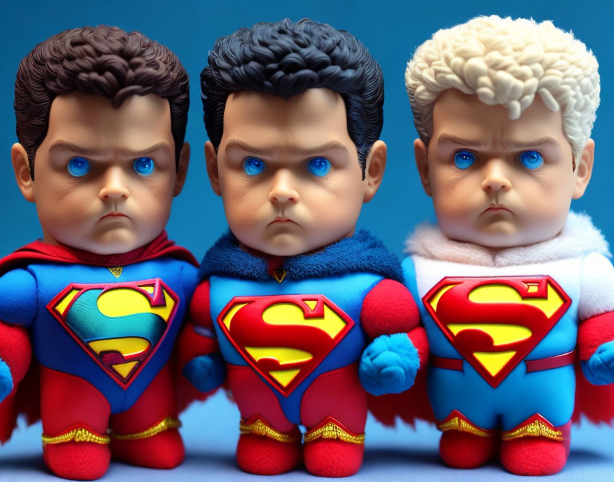 Three stylized Superman figures with exaggerated features and different hairstyles and expressions on blue backdrop