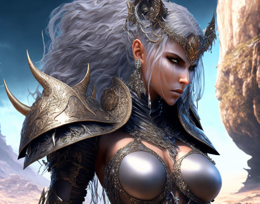 Fantasy female character with white hair in silver armor against celestial backdrop