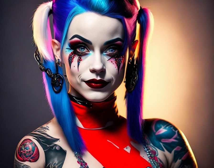 Colorful woman with blue and pink pigtails, facial piercings, tattoos, and red