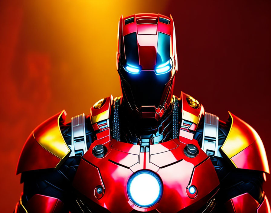 Detailed Close-Up of Glowing Iron Man Suit on Orange Background