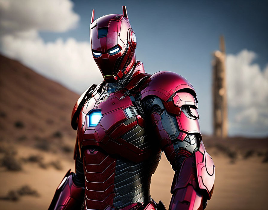 Detailed Iron Man in red and gold suit in desert landscape