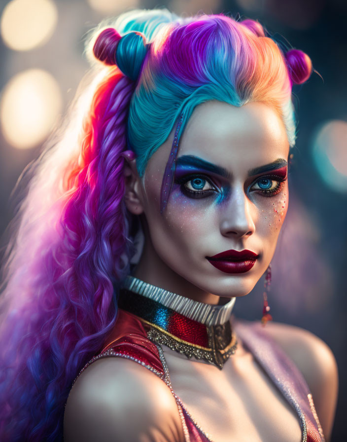 Vibrant rainbow hair woman portrait with blue eye makeup and choker necklace