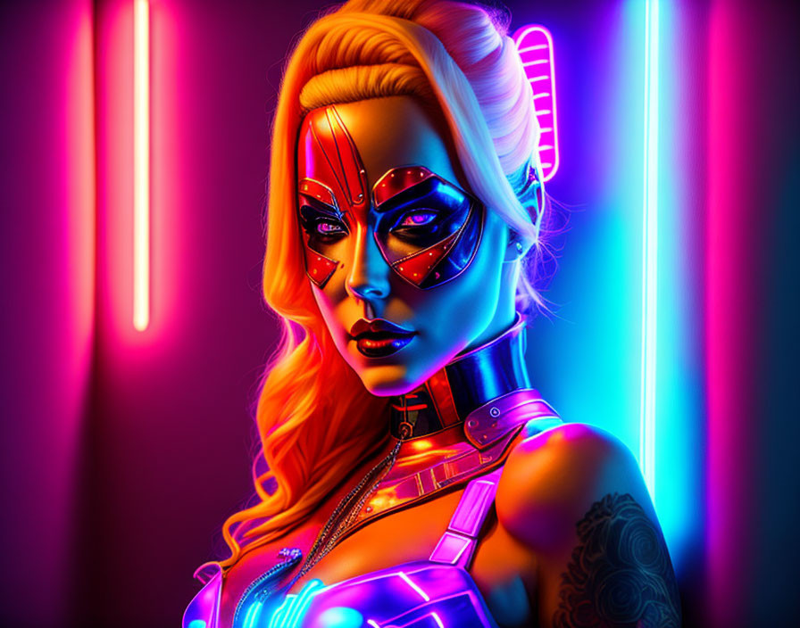 Female cyborg with intricate face paint under neon lights in purple and blue