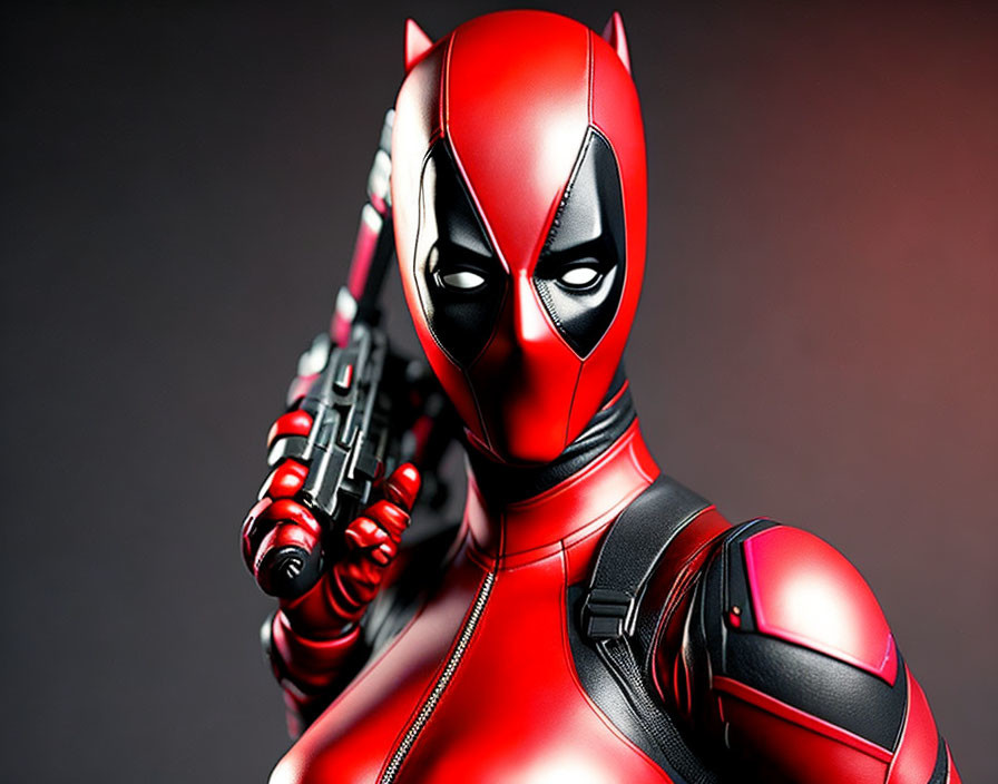 Figure in red and black costume with gun on dark background