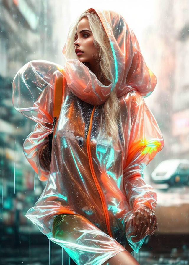 Reflective iridescent raincoat on woman in neon-lit rainy street