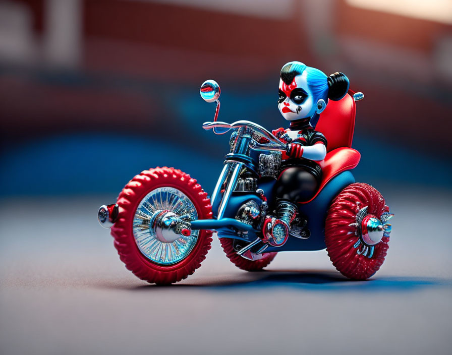 Miniature Clown Figure on Custom Red and Black Motorcycle