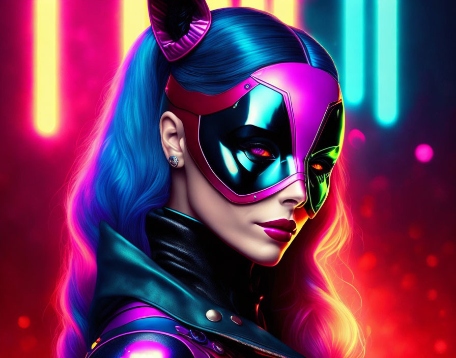 Illustration of woman with blue and pink hair in futuristic mask against neon background