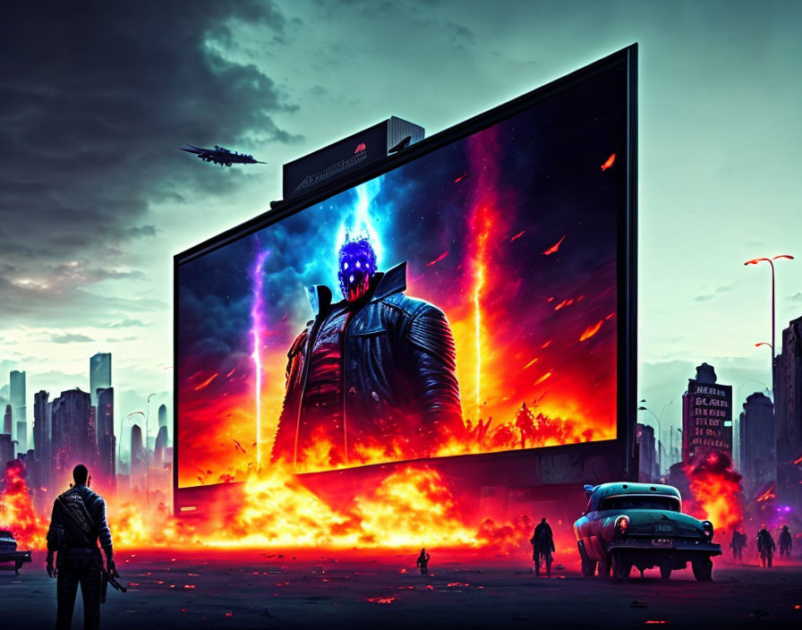 Dystopian scene: Giant fiery explosion on billboard with imposing figure and chaos