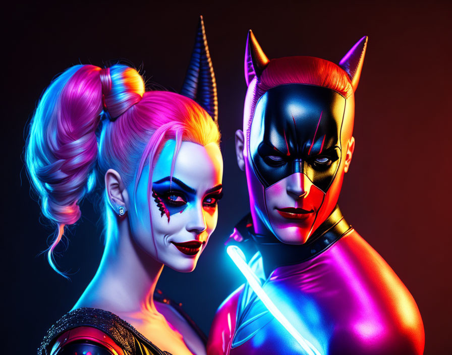 Vibrant superhero costumes in horned and winged styles on dark background