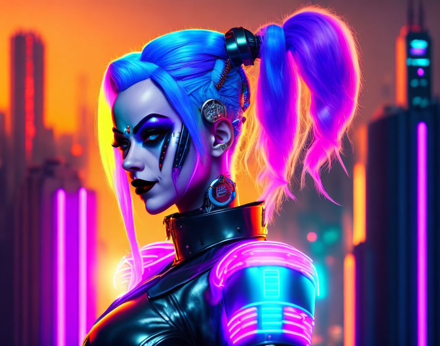 Futuristic cyborg woman with blue hair and tech earpieces in neon cityscape