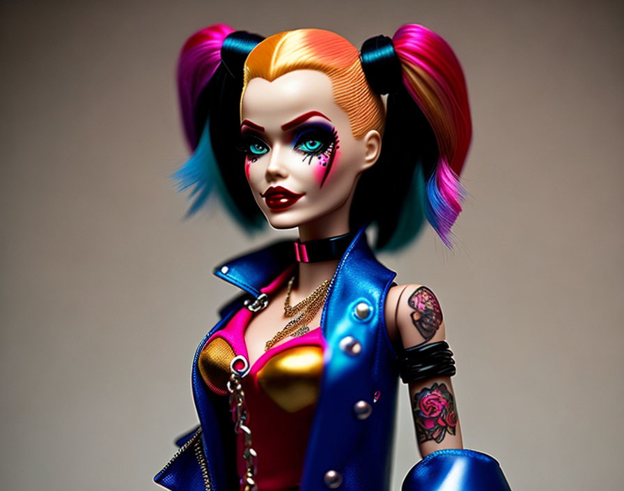 Colorful punk-inspired figurine with pigtails, tattoos, and vibrant makeup on neutral backdrop