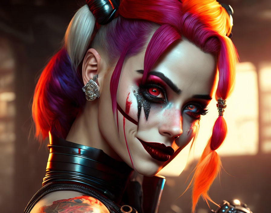 Colorful 3D-rendered woman with rainbow hair, black and red makeup, teardrop