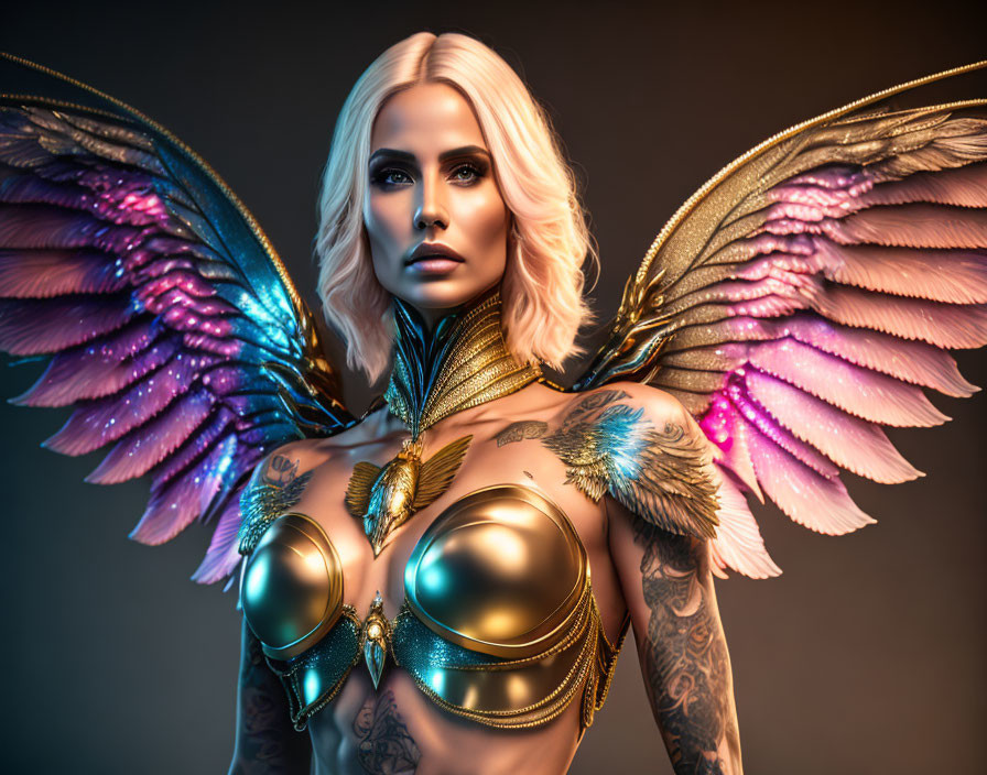 Golden armored female figure with feathered wings and tattoos on gradient background