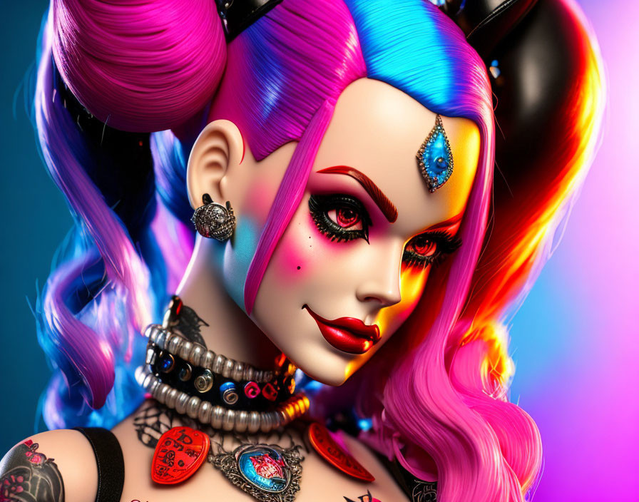 Vibrant female character with pink and blue hair, tattoos, and piercings